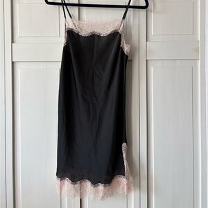 Victorias Secret Black Satin Slip Dress with Blush Lace Trim